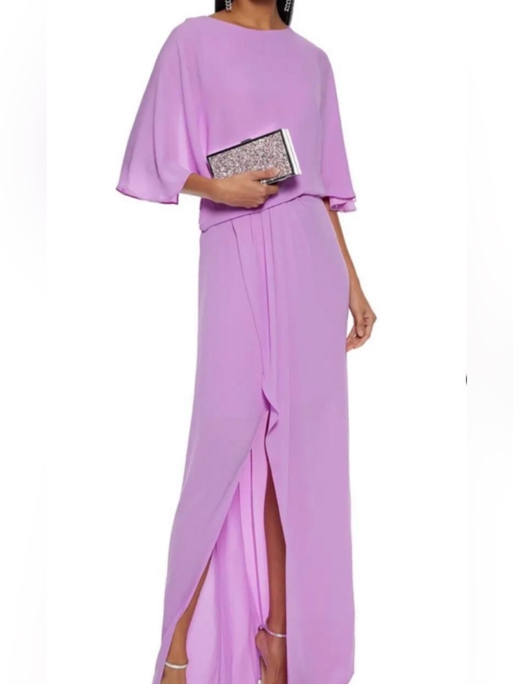 NWT Halston Lavendar Boat Neck Draped Back Flowy Wedding Evening Gown. Size 0.